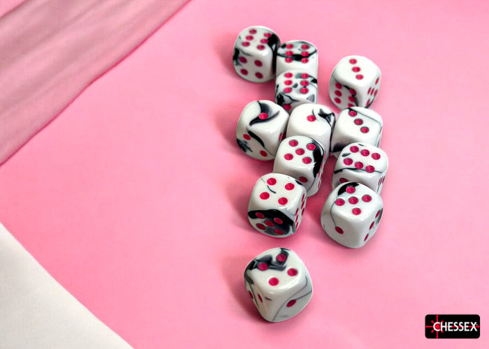 Gemini: Black-White/Pink 16mm D6 (12 dice)