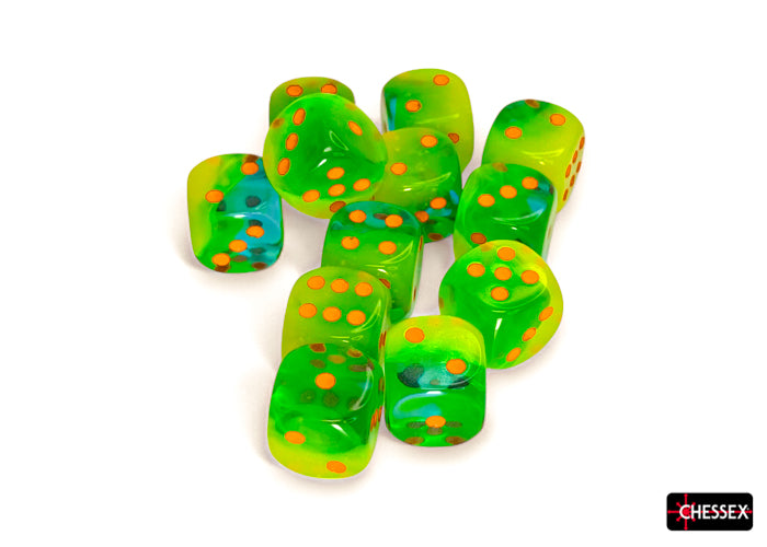 Gemini: Plasma Green-Teal/Orange Luminary 16mm D6 (12 dice)