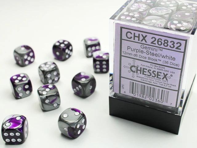 Gemini: 12mm D6 Purple-Steel/White (36)
