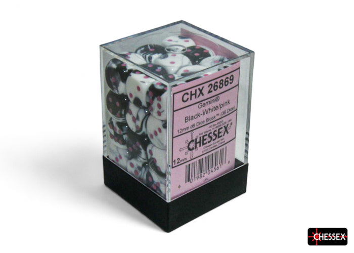 Gemini: Black-White/Pink 12mm D6 (36 dice)