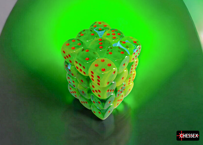 Gemini: Plasma Green-Teal/Orange Luminary 12mm D6 (36 dice)