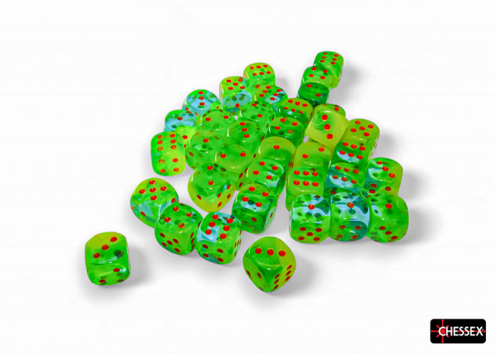 Gemini: Plasma Green-Teal/Orange Luminary 12mm D6 (36 dice)