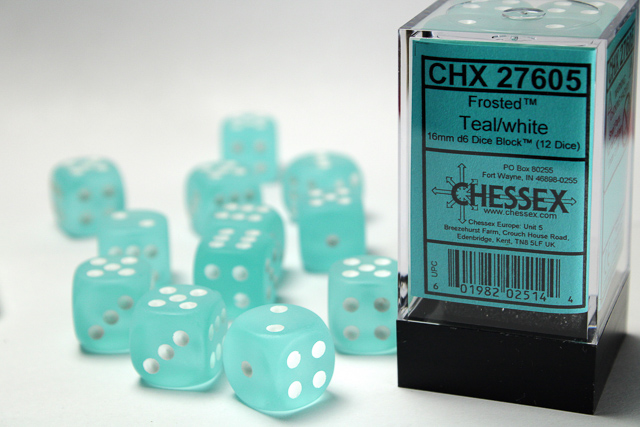 Frosted: 16mm D6 Teal/White Dice Block (12 Dice)