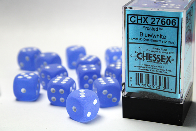 Frosted: 16mm D6 Blue/White Dice Block (12 Dice)