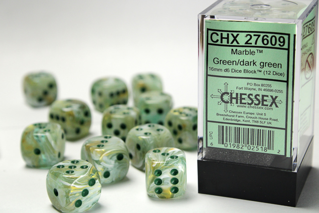 Marble: 16mm D6 Green/Dark Green Dice Block (12 Dice)