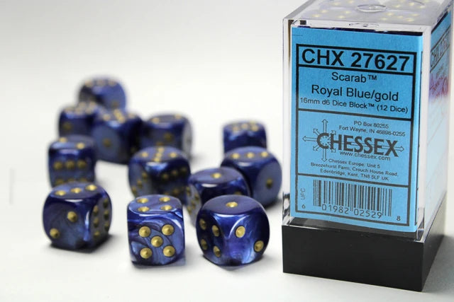 Scarab: 16mm D6 Royal Blue/Gold Dice Block (12 Dice)