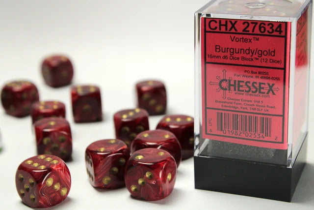 Vortex: 16mm D6 Burgundy/Gold Dice Block (12 Dice)