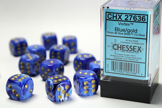 Vortex: 16mm D6 Blue/Gold Dice Block (12 Dice)