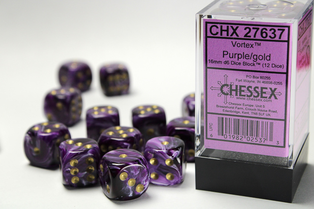 Vortex: 16mm D6 Purple/Gold Dice Block (12 Dice)