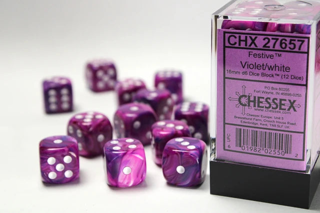 Festive: 16mm D6 Violet/White Dice Block (12 Dice)