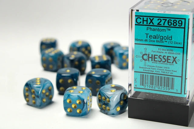 Phantom: 16mm D6 Teal/Gold Dice Block (12 Dice)