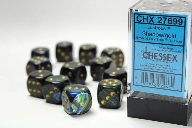 Lustrous: 16mm D6 Shadow/Gold Dice Block (12 Dice)