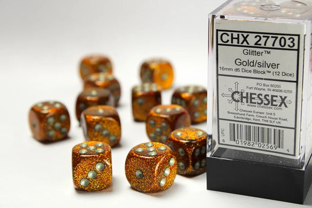 Glitter: 16mm D6 Gold/Silver Dice Block (12 Dice)