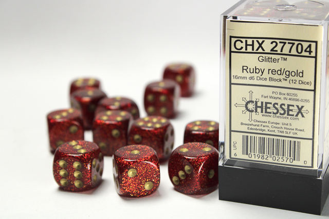 Glitter: 16mm D6 Ruby/Gold Dice Block (12 Dice)