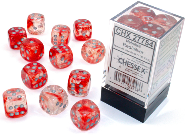 Nebula: 16mm D6 Red/Silver Luminary: Dice Block (12 Dice)