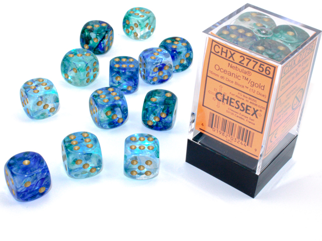 Nebula: 16mm D6 Oceanic/Gold Luminary: Dice Block (12 Dice)