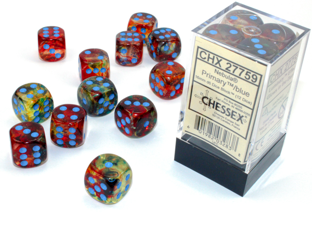 Nebula: 16mm D6 Primary/Blue Luminary: Dice Block (12 Dice)