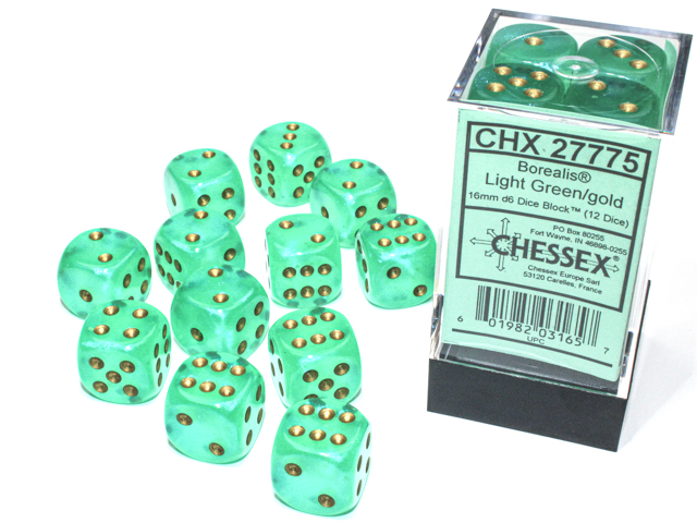 Borealis: 16mm D6 Light Green/Gold Luminary Dice Block (12 dice)