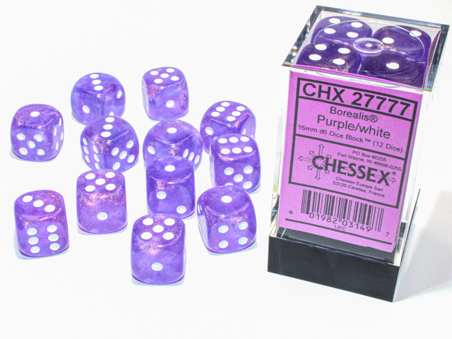 Borealis: 16mm D6 Purple/White Luminary Dice Block (12 dice)