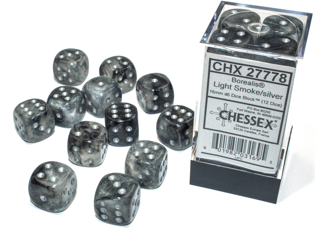 Borealis: 16mm D6 Light Smoke/Silver Luminary Dice Block (12 dice)