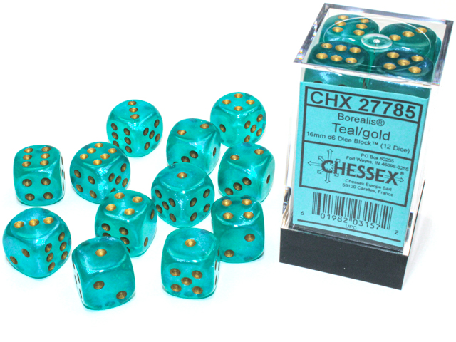 Borealis: 16mm D6 Teal/Gold Luminary Dice Block (12 dice)