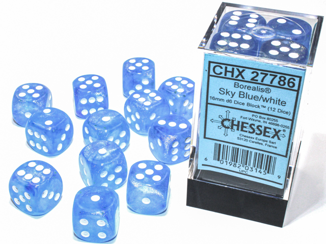 Borealis: 16mm D6 Sky Blue/White Luminary Dice Block (12 dice)