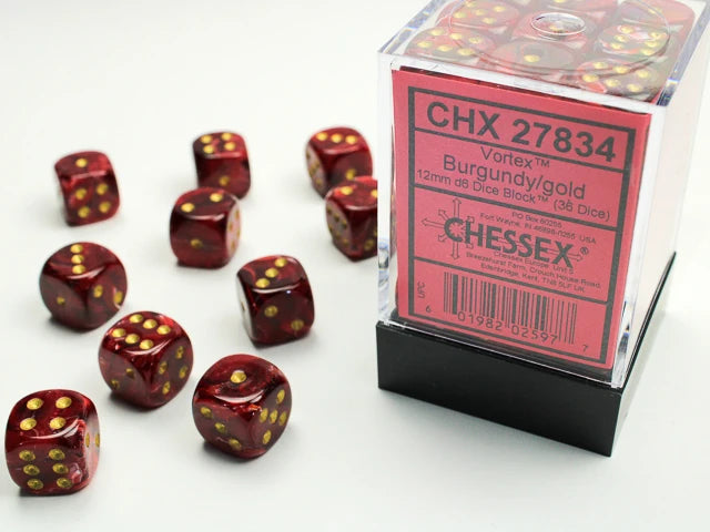 Vortex: 12mm D6 Burgundy/Gold (36 dice)