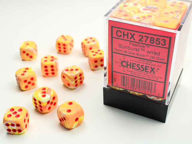 Festive: 12mm D6 Sunburst/Red (36 dice)