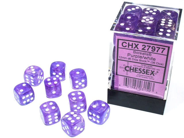 Borealis: 12mm D6 Purple/White Luminary (36 dice)