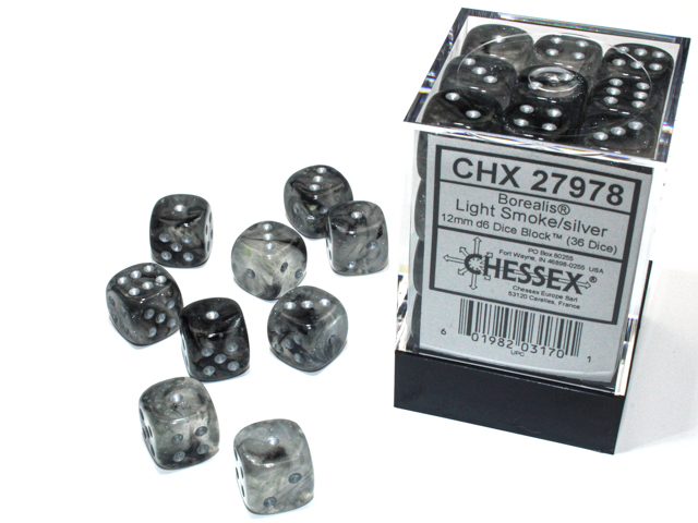 Borealis: 12mm D6 Light Smoke/Silver Luminary (36 dice)