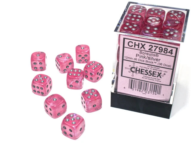 Borealis: 12mm D6 Pink/Silver Luminary (36 dice)
