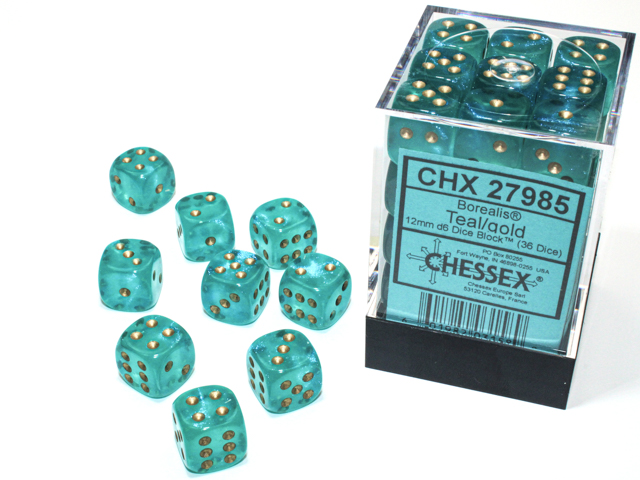 Borealis: 12mm D6 Teal/Gold Luminary (36 dice)