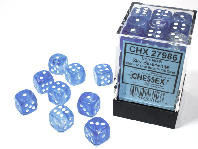 Borealis: 12mm D6 Sky Blue/White Luminary (36 dice)