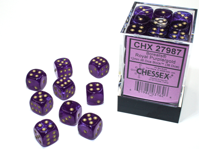 Borealis: 12mm D6 Royal Purple/Gold Luminary (36 dice)